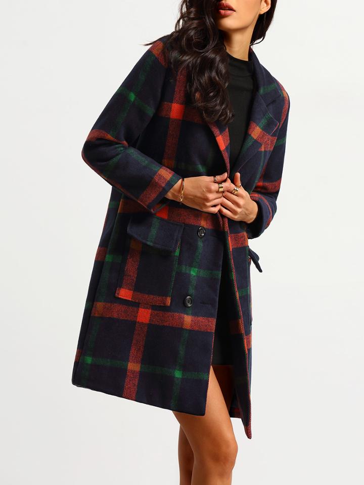 Shein Colour Notch Lapel Plaid Pockets Coat
