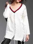 Shein White V Neck Lace Up Sweater