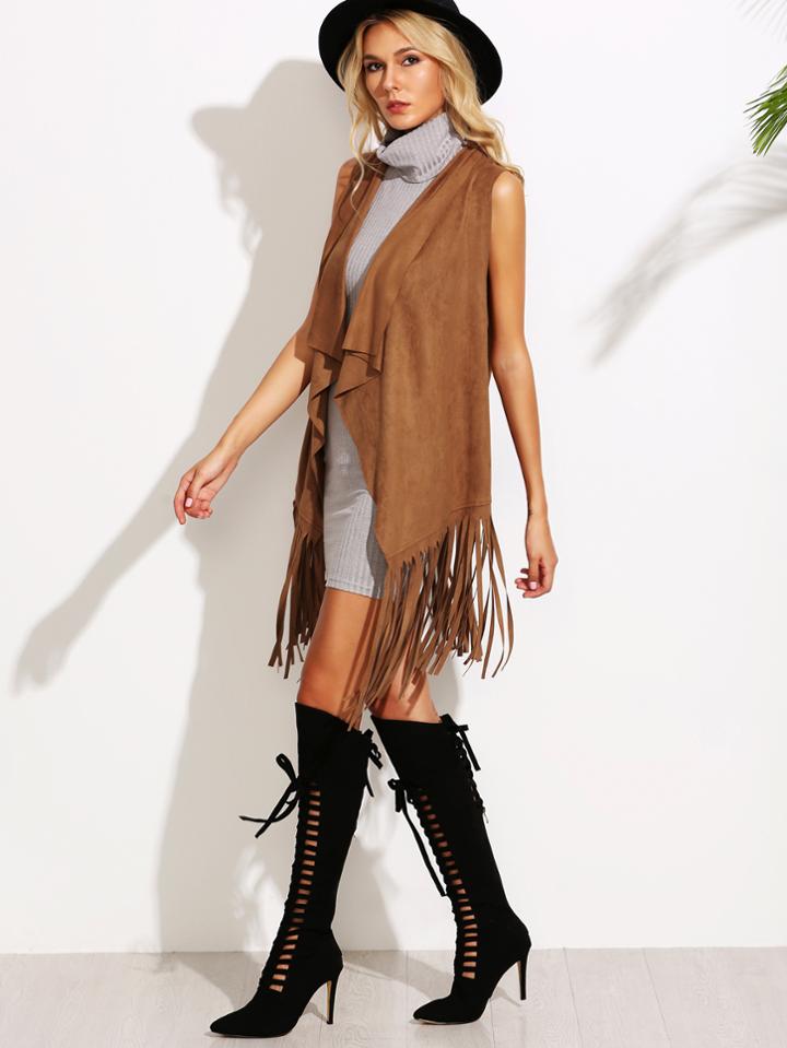 Shein Camel Suede Fringe Waterfall Vest
