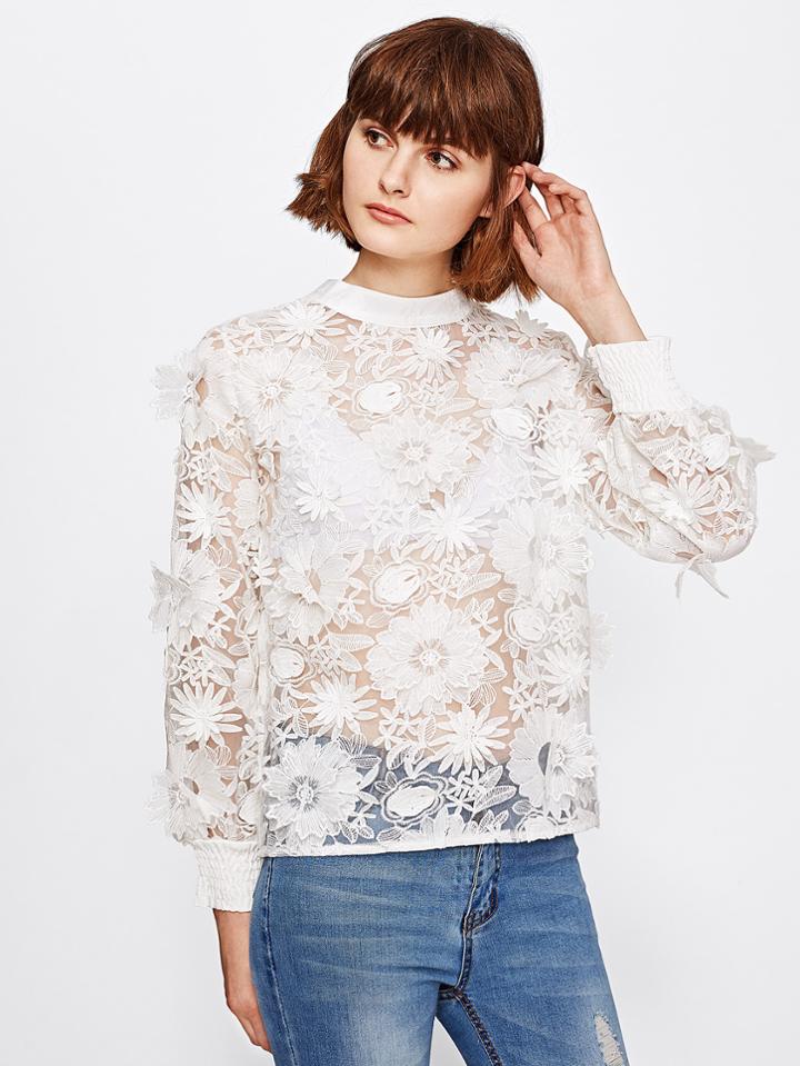 Shein Shirred Cuff Flower Applique Embroidered Organza Top