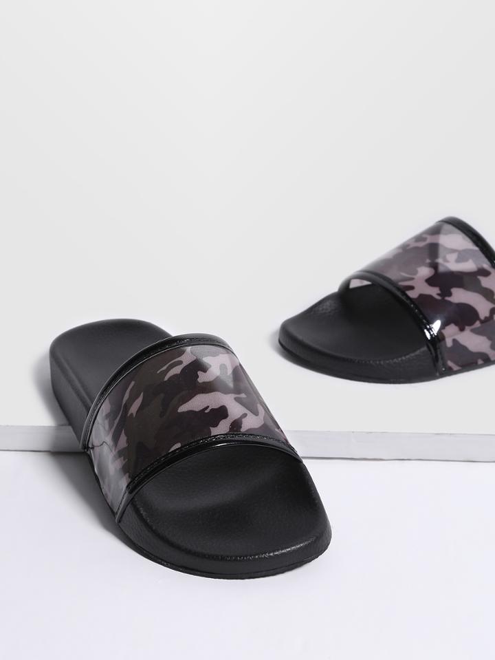 Shein Black Camouflage Print Open Toe Pu Sandals