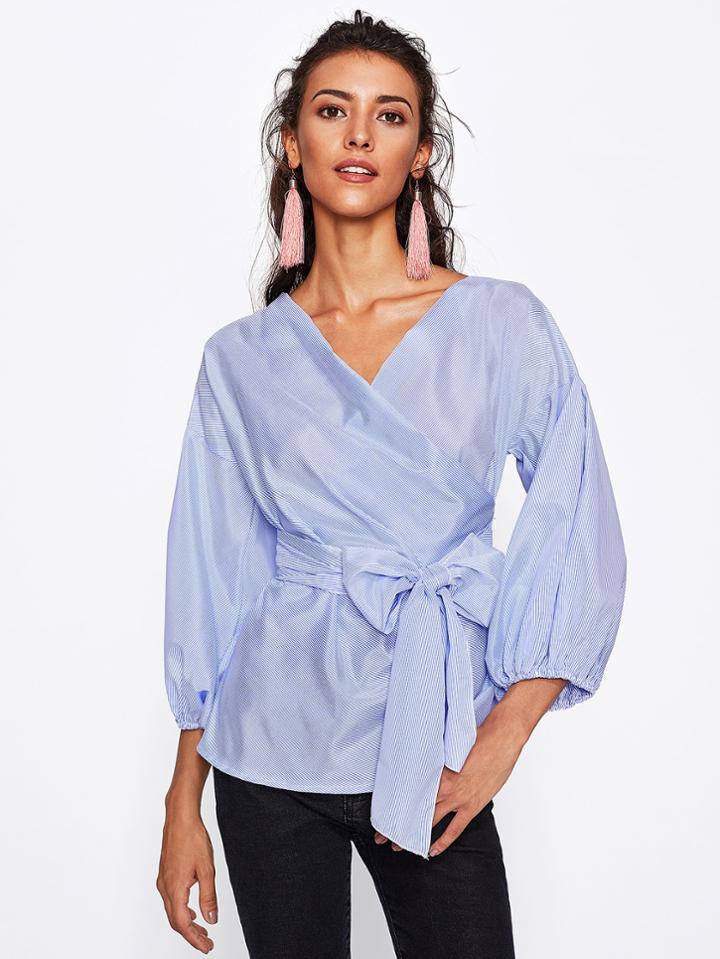Shein Drop Shoulder Lantern Sleeve Surplice Blouse