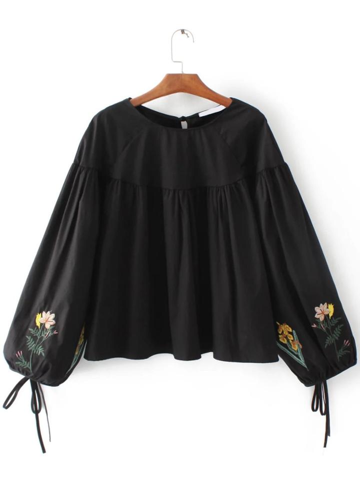 Shein Black Flower Embroidery Tie Cuff Blouse