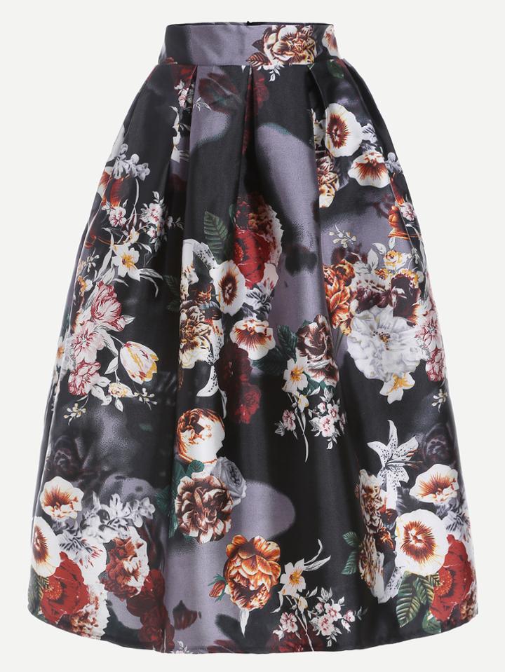 Shein Black Flower Print Box Pleated Skirt