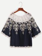 Shein Contrast Crochet Trim Embroidered Blouse