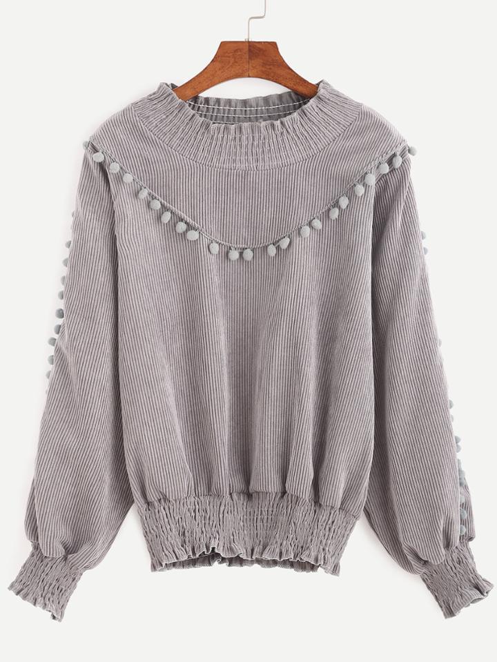 Shein Pale Grey Ruffle Collar Pom Pom Top