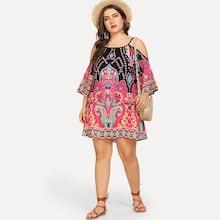 Shein Plus Cold Shoulder Print Tribal Dress