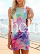 Shein Blue Cutaway Beachwear Iridescent Sleeveless Floral Print Dress