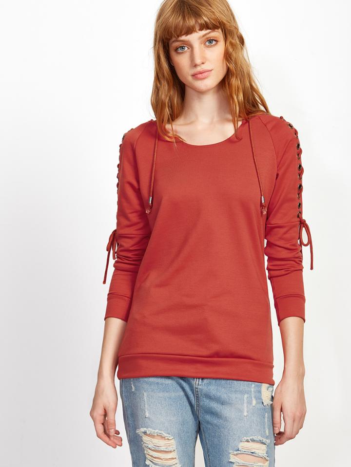 Shein Red Lace Up Sleeve Hooded Sweatshirt