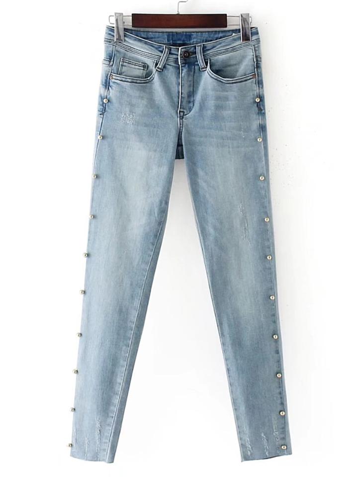 Shein Bleach Wash Pearls Embellished Jeans