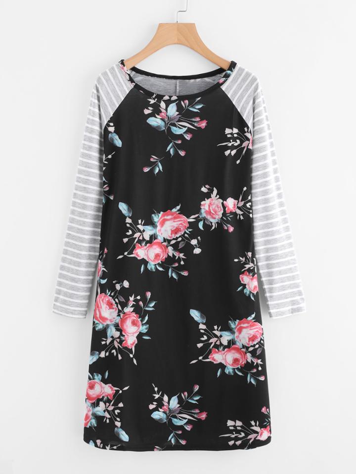 Shein Floral Print Striped Raglan Sleeve Tee Dress