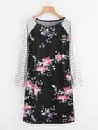 Shein Floral Print Striped Raglan Sleeve Tee Dress