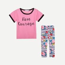 Shein Girls Letter Print Tee With Floral Print Striped Pants
