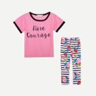 Shein Girls Letter Print Tee With Floral Print Striped Pants