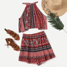 Shein Plus Random Print Halter Top With Shorts