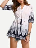 Shein V Neck Elbow Sleeve Embroidered Shirt Dress