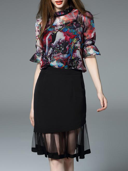 Shein Black Bell Sleeve Print Top With Sheer Skirt