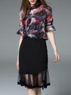 Shein Black Bell Sleeve Print Top With Sheer Skirt