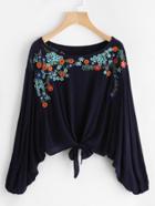 Shein Knot Front Embroidered Dolman Top