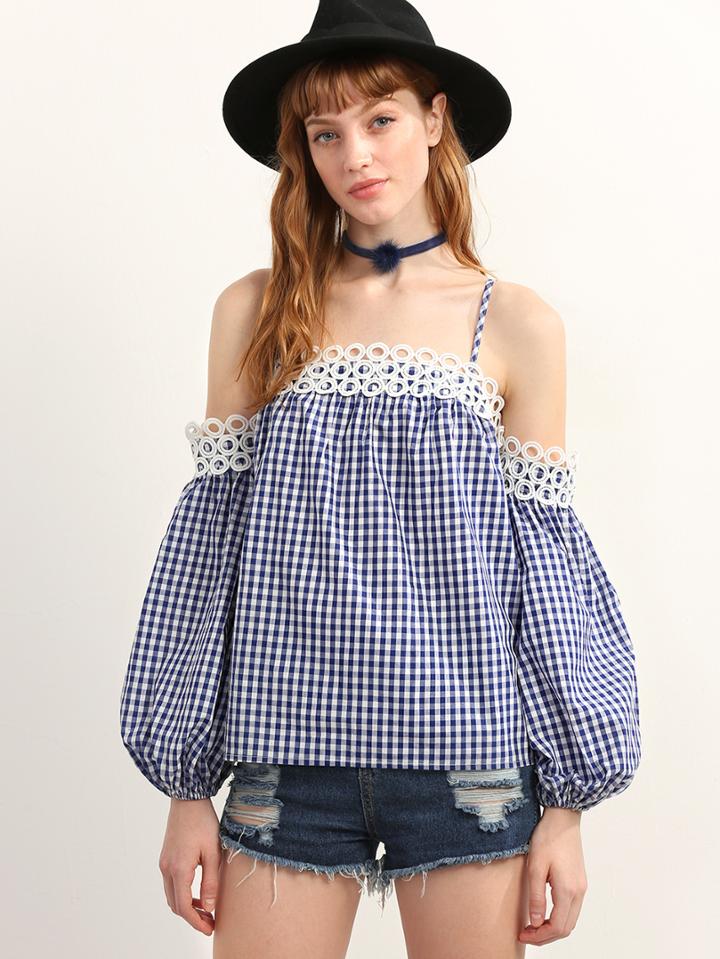 Shein Blue Plaid Contrast Appliques Lantern Sleeve Blouse
