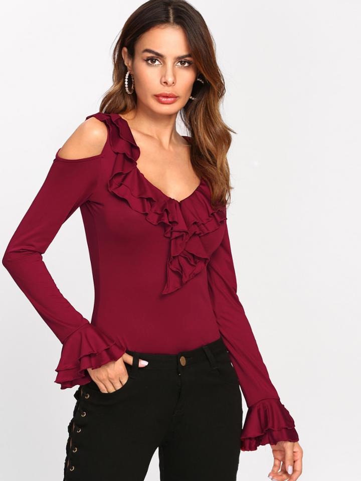 Shein Tiered Ruffle Cuff And Neck Fitted Top