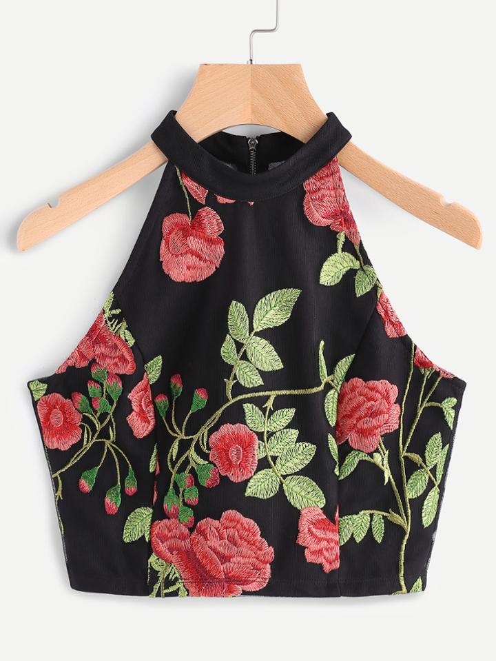 Shein Rose Embroidered Sheer Back Halter Neck Top