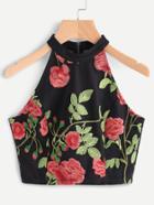 Shein Rose Embroidered Sheer Back Halter Neck Top