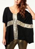 Rosewe Shining Round Neck Batwing Sleeve Black Blouse With Sequin