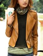 Shein Women Brown Pu Leather Lapel Moto Jacket