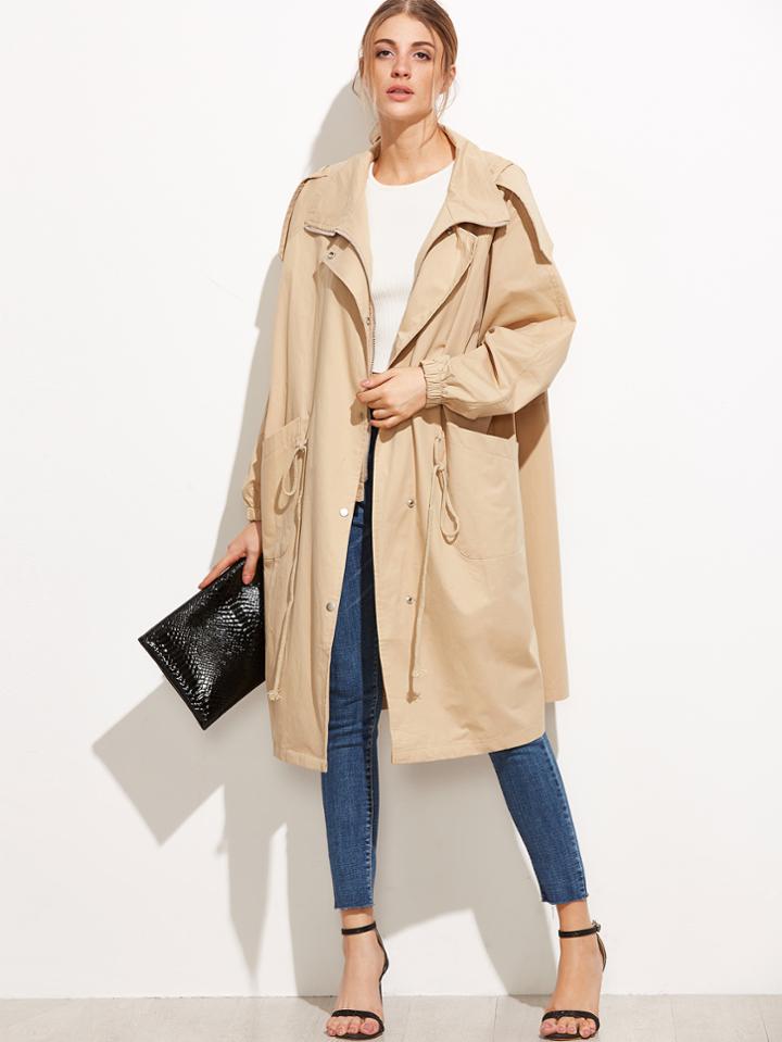 Shein Pale Khaki Zipper Pockets Coat