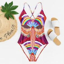 Shein Plus Geometric Print Lace Up Back Swimsuit