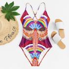 Shein Plus Geometric Print Lace Up Back Swimsuit