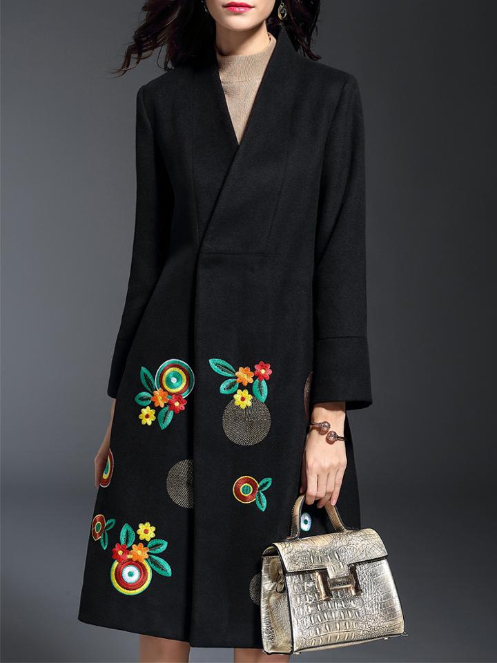 Shein Black V Neck Flowers Embroidered Coat