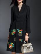 Shein Black V Neck Flowers Embroidered Coat