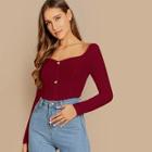Shein Button Detail Form Fitted Rib-knit Tee