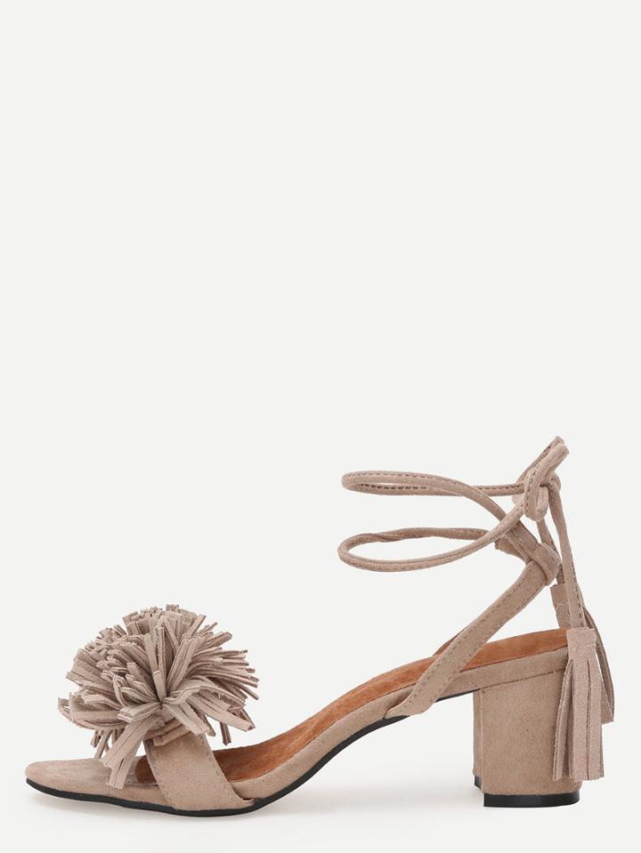 Shein Tassel Strap Lace-up Block Heel Sandals - Apricot
