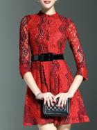 Shein Red Crew Neck Belted A-line Lace Dress