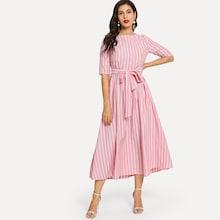 Shein Buttoned Keyhole Self Tie Striped Dress