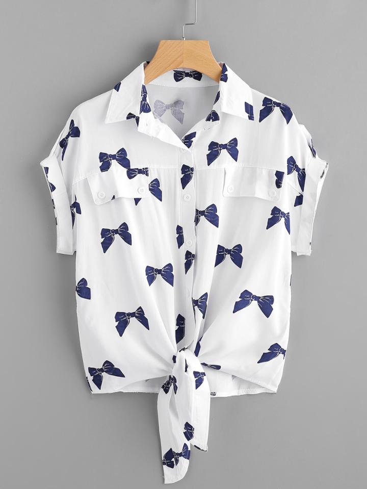 Shein Knotted Hem Cuffed Bow Print Shirt