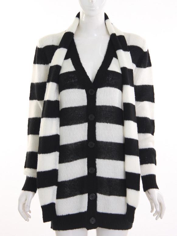 Shein Black White Long Sleeve Striped Coat Sweater