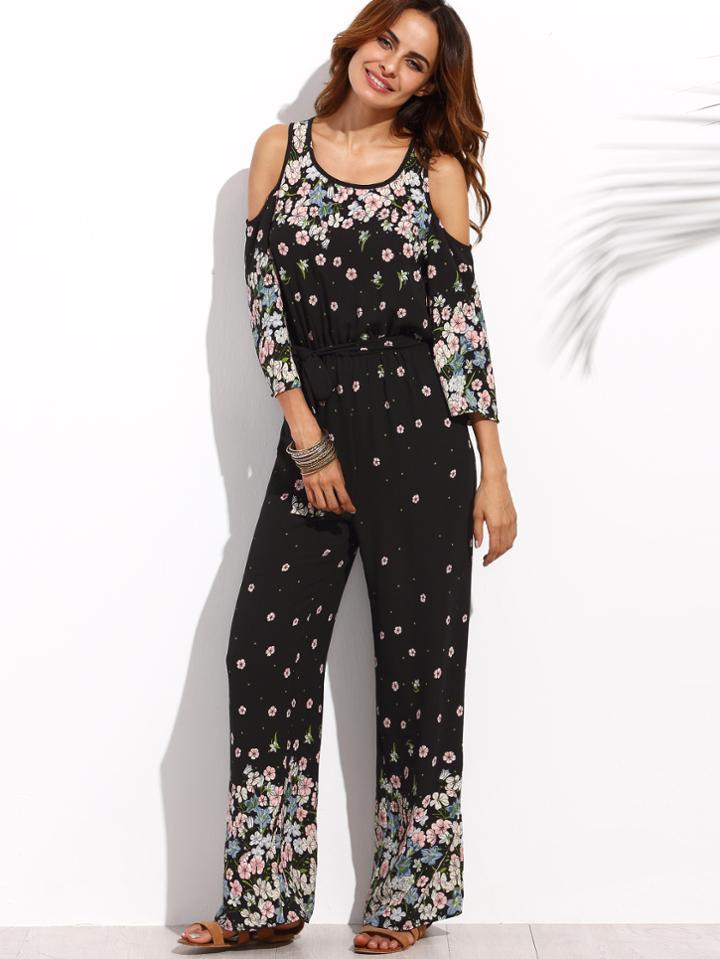Shein Floral Print Cold Shoulder Keyhole Back Jumpsuit