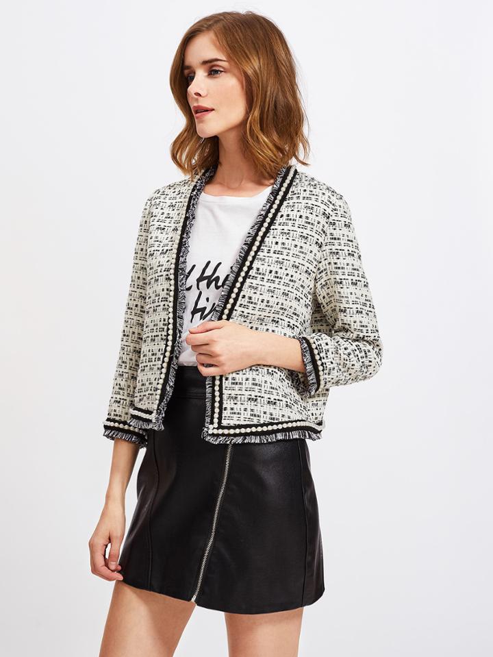 Shein Pearl Beaded Frayed Edge Tweed Blazer