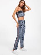 Shein Velvet Bandeau Top With Striped Tape Pants