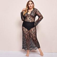 Shein Plus Eyelash Floral Lace Dress With Thong