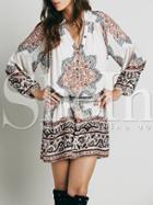 Shein Multicolor Long Sleeve V Neck Vintage Print Dress