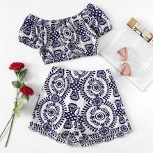 Shein Off Shoulder Print Crop Top & Shorts Set