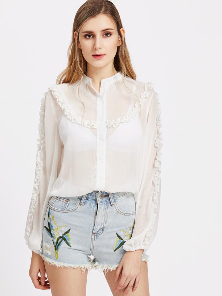 Shein Band Collar Frill Detail Lantern Sleeve Sheer Blouse