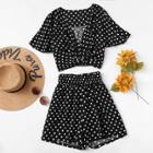 Shein Polka Dot Twist Front Top And Wide Waist Shorts Set