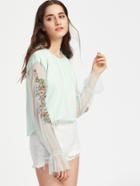 Shein Contrast Lace Sleeve Embroidery Top