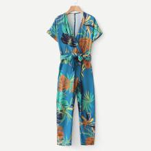 Shein Foliage Print Surplice Neckline Belted Jumpsuit